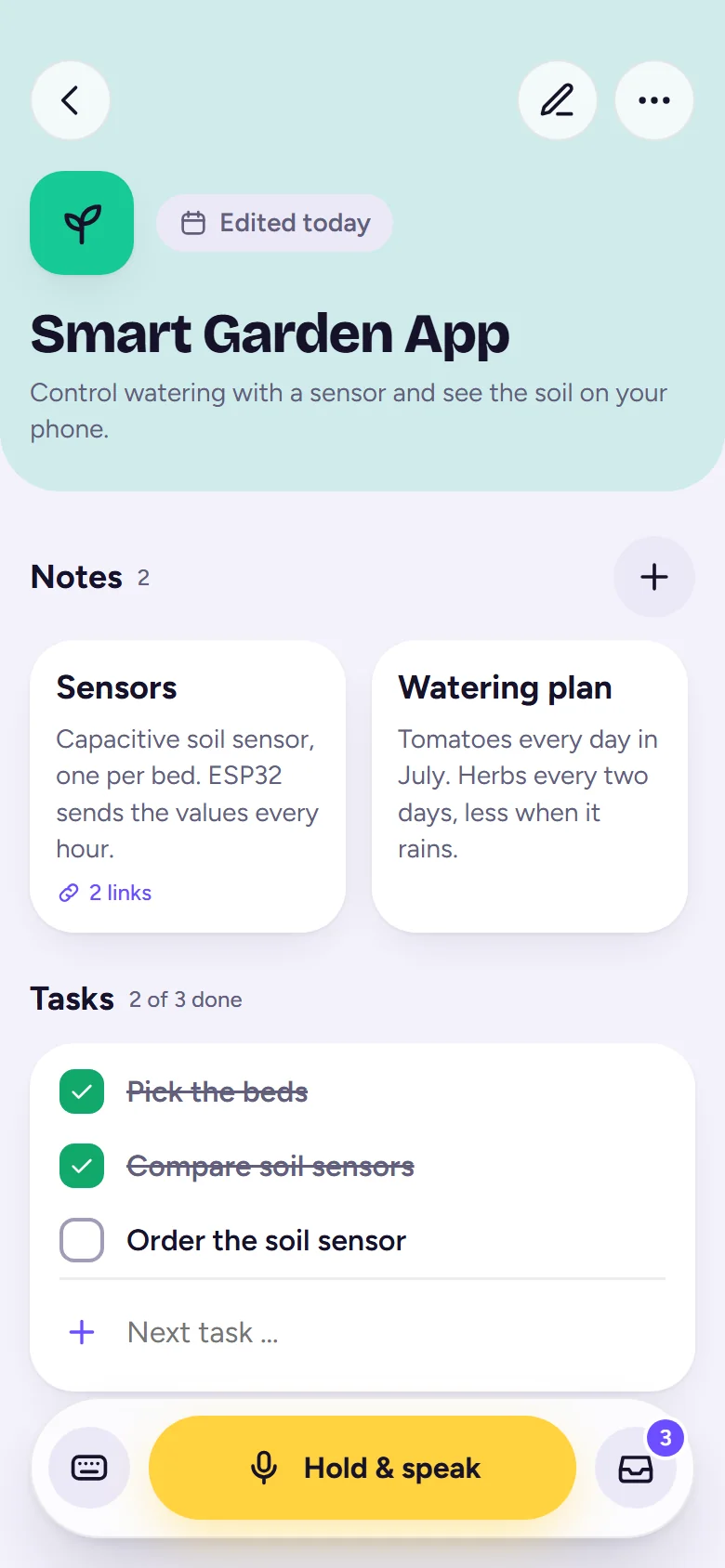 The idea Smart Garden App with two notes and a task list, two of three tasks done