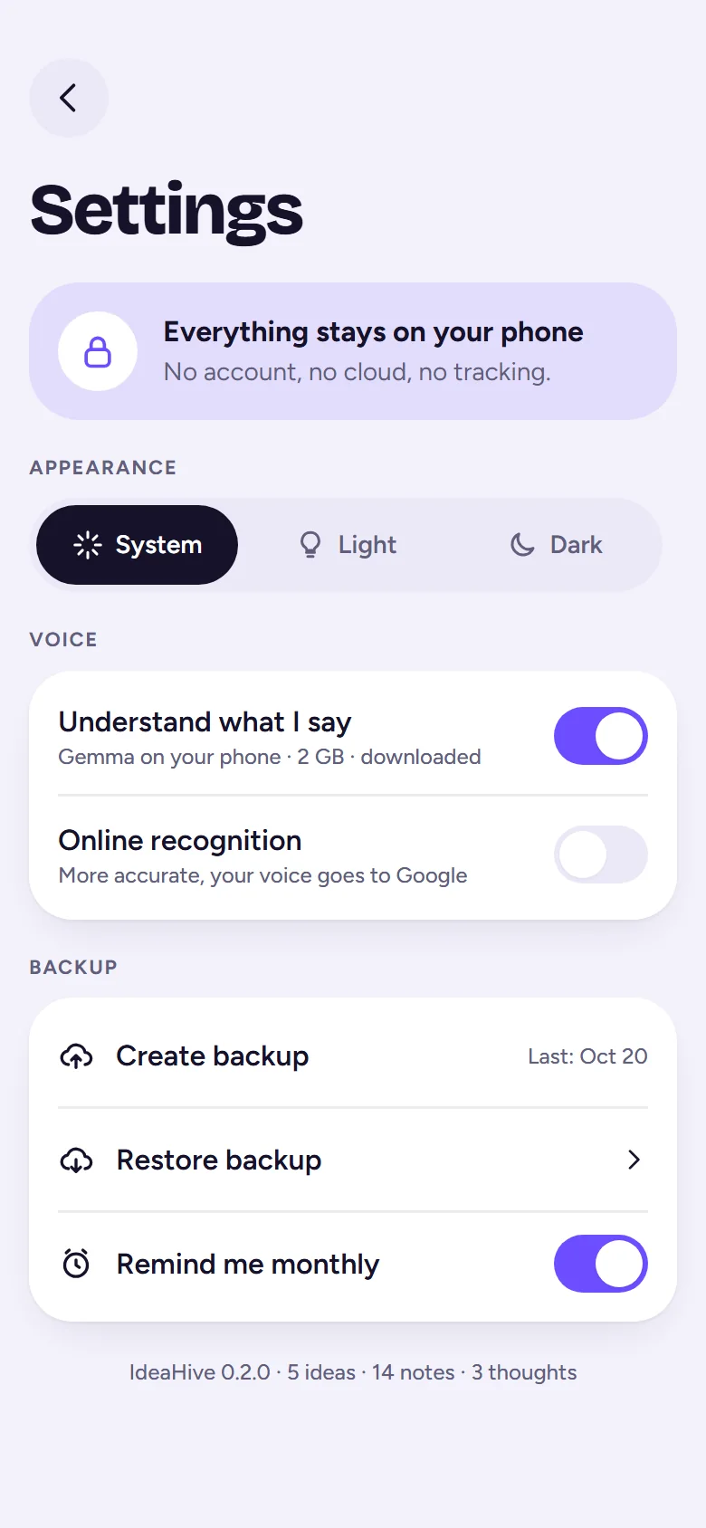 Settings: Everything stays on your phone, voice and backup options