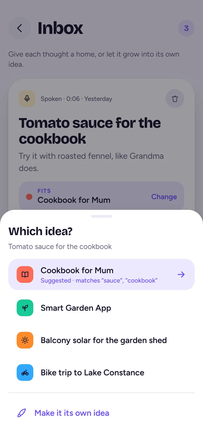 Which idea? sheet suggesting Cookbook for Mum for the thought Tomato sauce for the cookbook